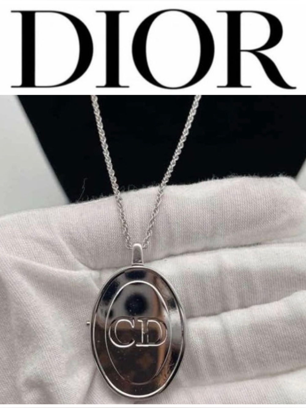 RARE New Dior Logo Silver Oval Medallion With CD Embossed Logo Necklace 22”